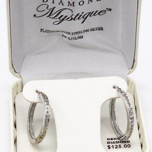 DIAMOND MYSTIQUE PLATINUM OVER STERLING SILVER DIAMOND HOOP EARRINGS NEW IN BOX